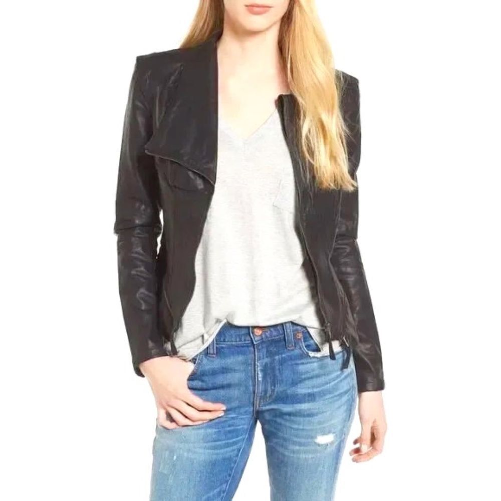 Blank NYC Black Faux Leather Moto Jacket Zip Front Women’s Size S